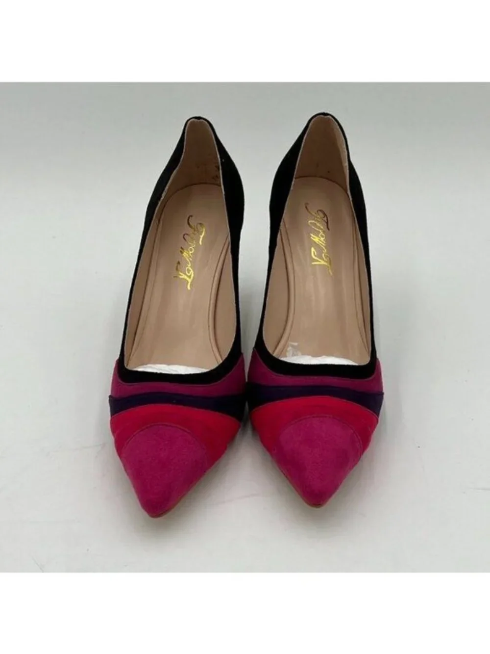 FOWT Black Rainbow Color Stripes High Heel Pumps Slip on Pointed Toe Office Shoe